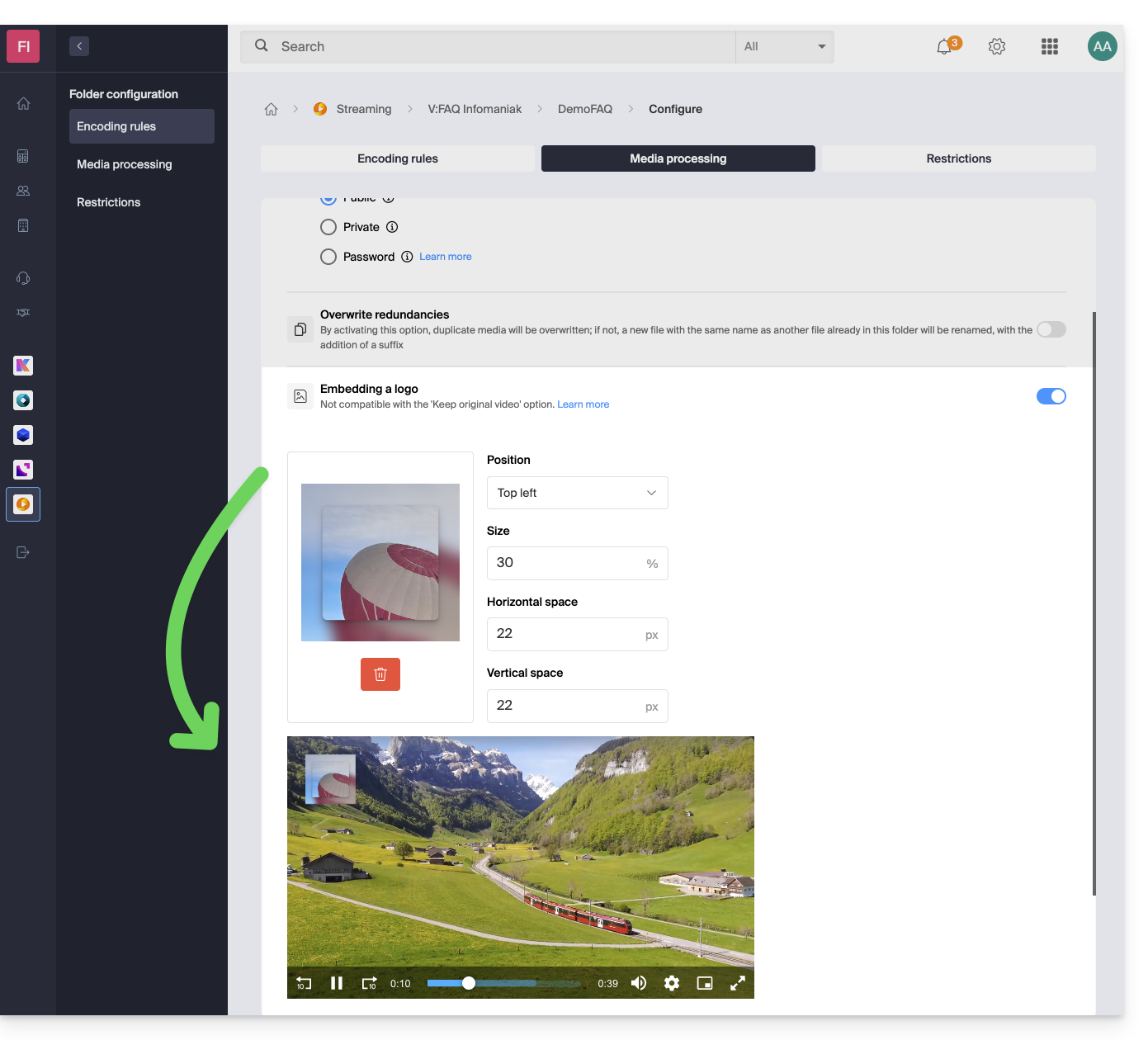 Configurazione dell'incorporazione in una cartella