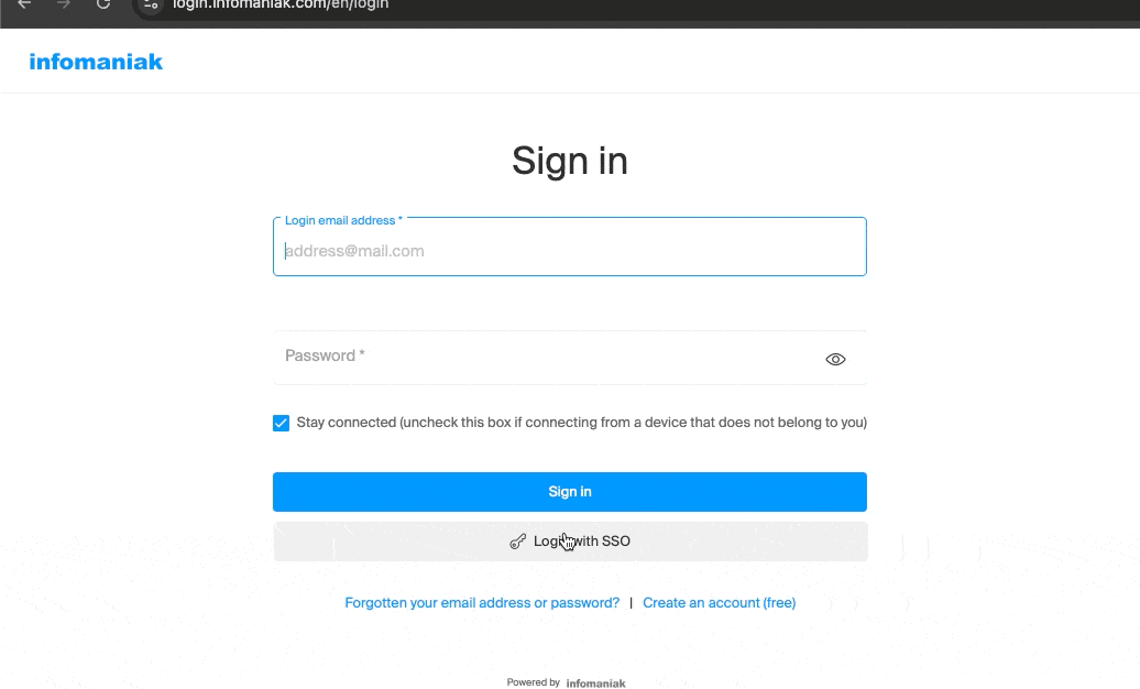 Image de l'interface de connexion Infomaniak avec l'option SSO visible